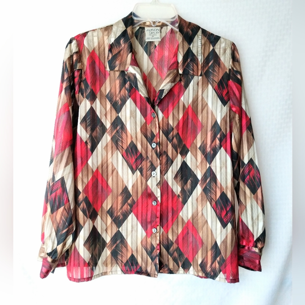 Allison Daley Petites Blouse Red Brown Geomtric Size 12 Chest 42"
